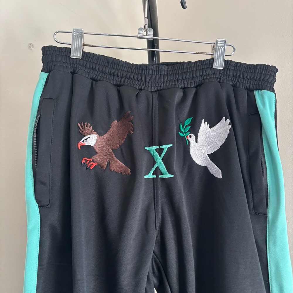 Mens Black and Green Embroidered Track Pants - Picture 2 of 6